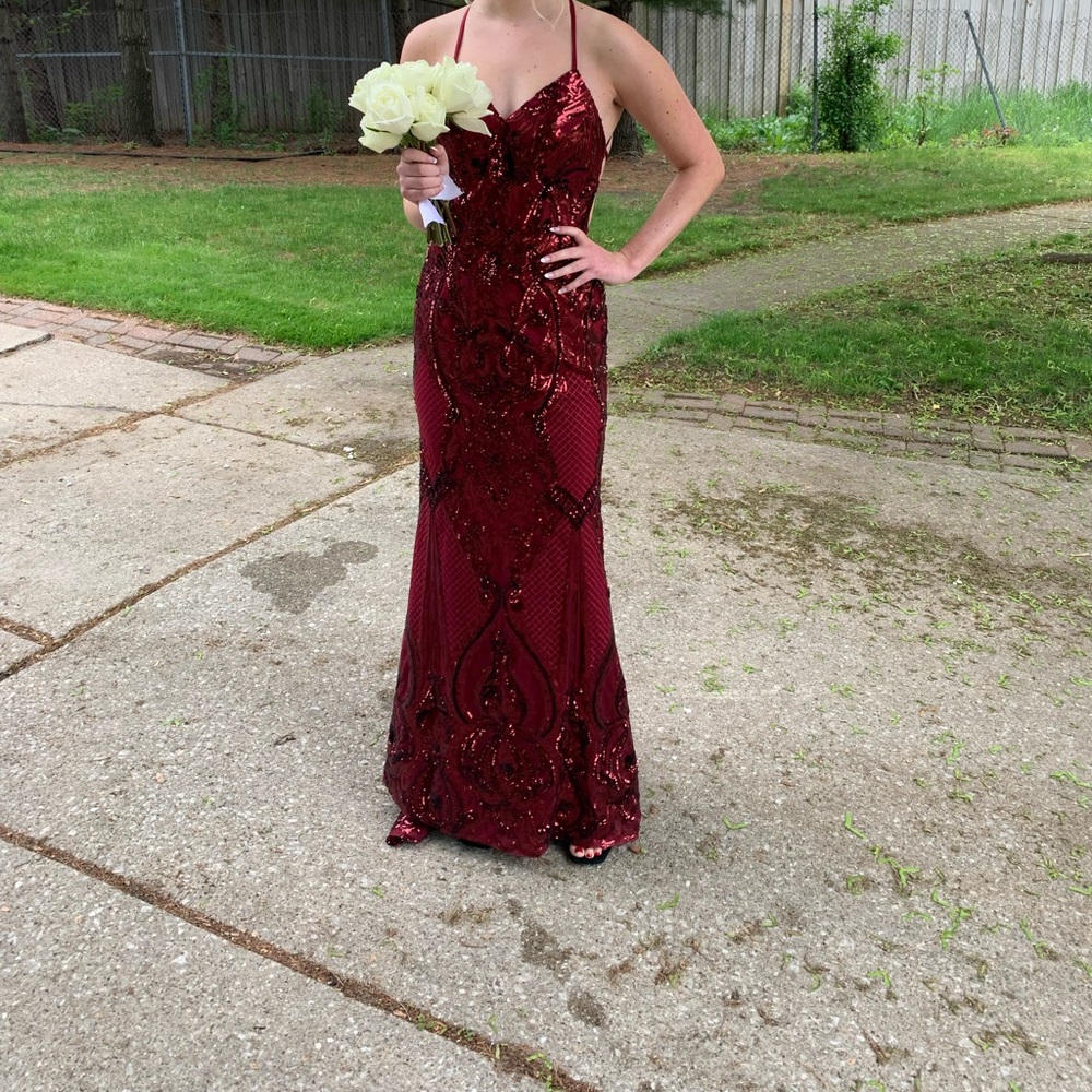 Red sequence prom dress